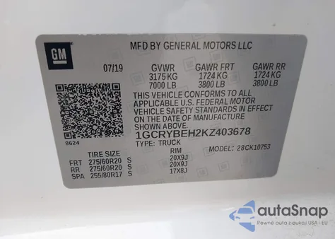 2019 Chevrolet Silverado 1500 Custom from USA, damaged, VIN 1GCRYBEH2KZ403678